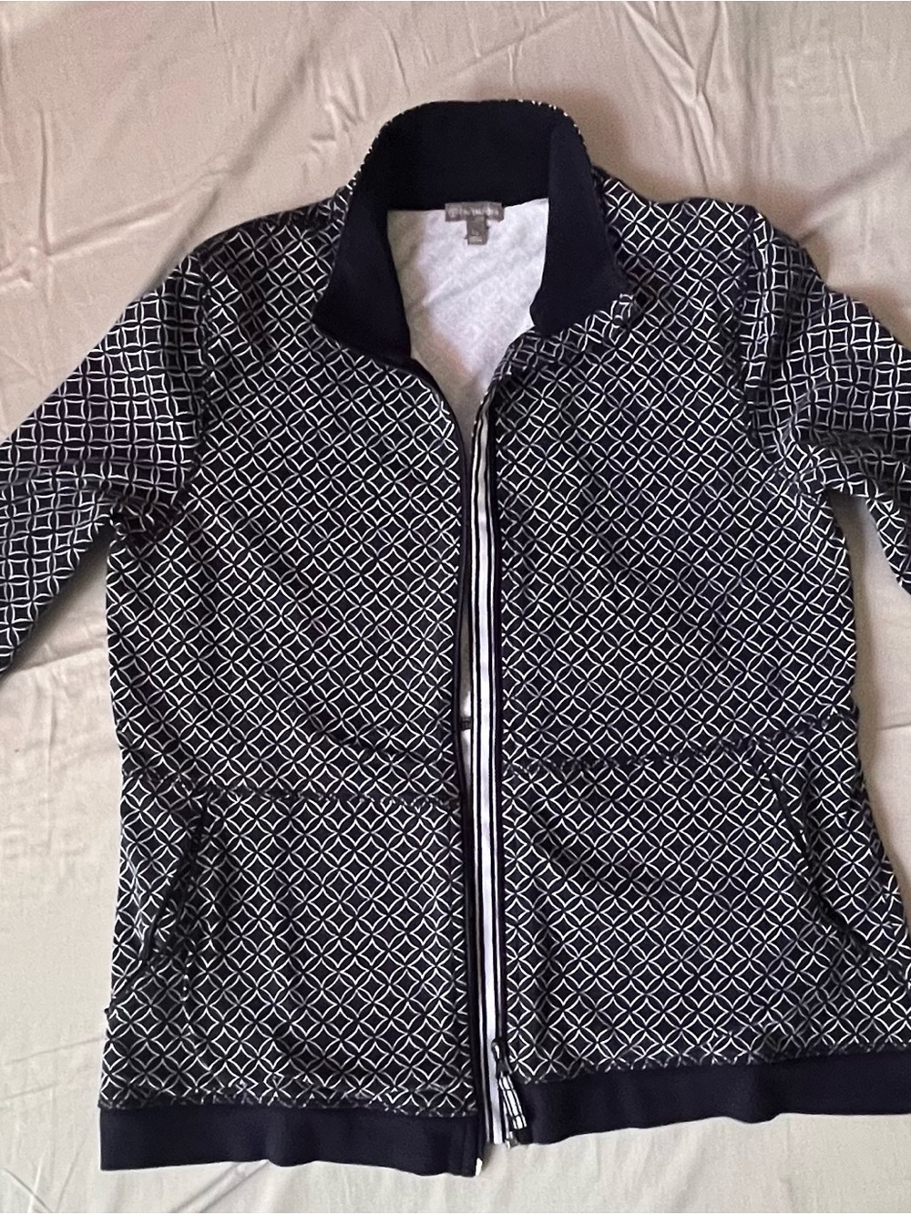 Talbots Navy & White Geometric Zip-Front Jacket with Trim